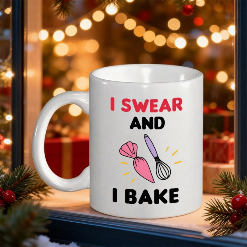 Tailorly White Ceramic 11 oz Mug - I Swear And I Bake Playful Baking Tools Featuring A Whisk And Pink Piping Bag Whisk