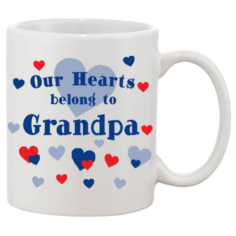 Tailorly White Ceramic 11 oz Mug - Our Hearts Belong To Grandpa Playful Red And Blue Hearts Floating Around Sentimental Family Text Heart