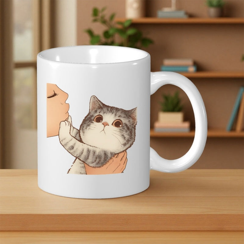 Tailorly White Ceramic 11 oz Mug - Charming Illustration Of A Girl Kissing A Fluffy Grey Tabby Cat