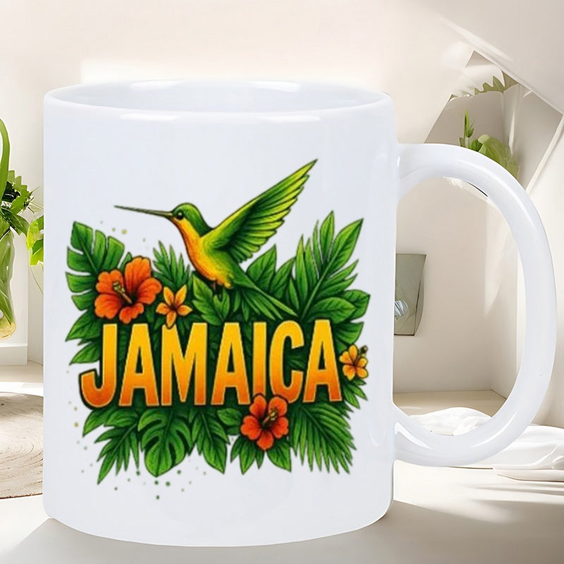 Tailorly White Ceramic 11 oz Mug - Jamaica Lush Green Tropical Leaves With Vibrant Hibiscus Flowers And A Graceful Flying Hummingbird