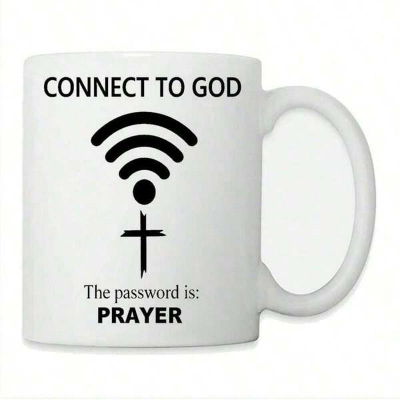 Tailorly White Ceramic 11 oz Mug - Connect To God The Password Is Prayer Minimalist Black Wi-Fi Signal Symbol Merging With A Spiritual Christian Cross