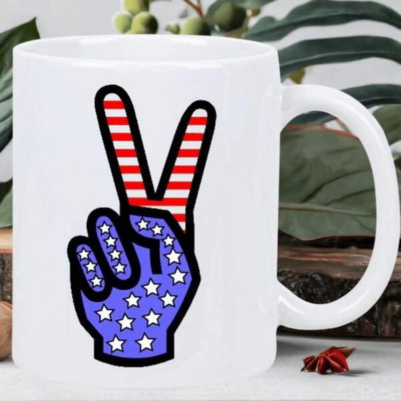 Tailorly White Ceramic 11 oz Mug - Patriotic Victory Gesture Featuring American Flag Stars And Stripes Patterns Hand