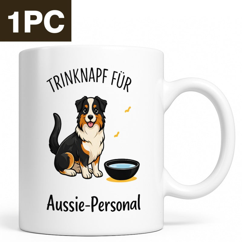 Tailorly White Ceramic 11 oz Mug - Aussie Personal Sitting Loyal Australian Shepherd Beside A Dark Water Bowl Dog