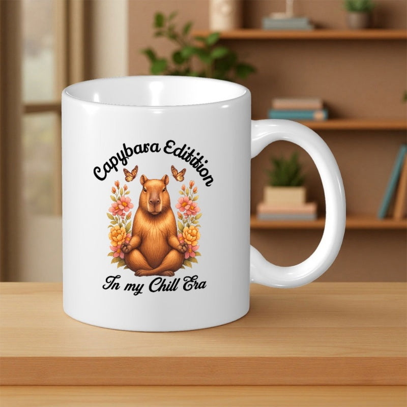 Tailorly White Ceramic 11 oz Mug - Capybara Edition In My Chill Era Peaceful Animal Sitting Among Colorful Flowers And Gentle Dancing Butterflies Capybara