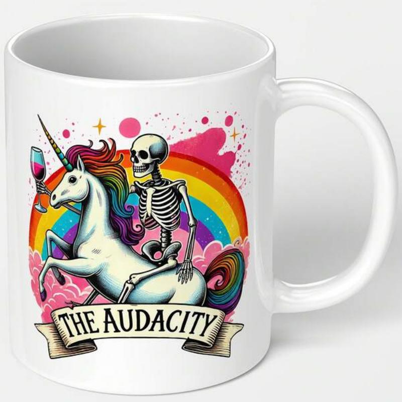 Tailorly White Ceramic 11 oz Mug - The Audacity Skeleton Riding A Majestic Rainbow Unicorn Under Vibrant Colorful Clouds Unicorn