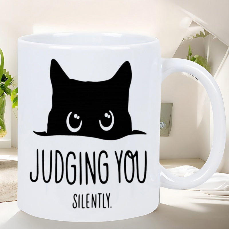 Tailorly White Ceramic 11 oz Mug - Judging You Silently Minimalist Peeking Black Cat Silhouette With Large Curious Eyes And Sharp Ears Cat