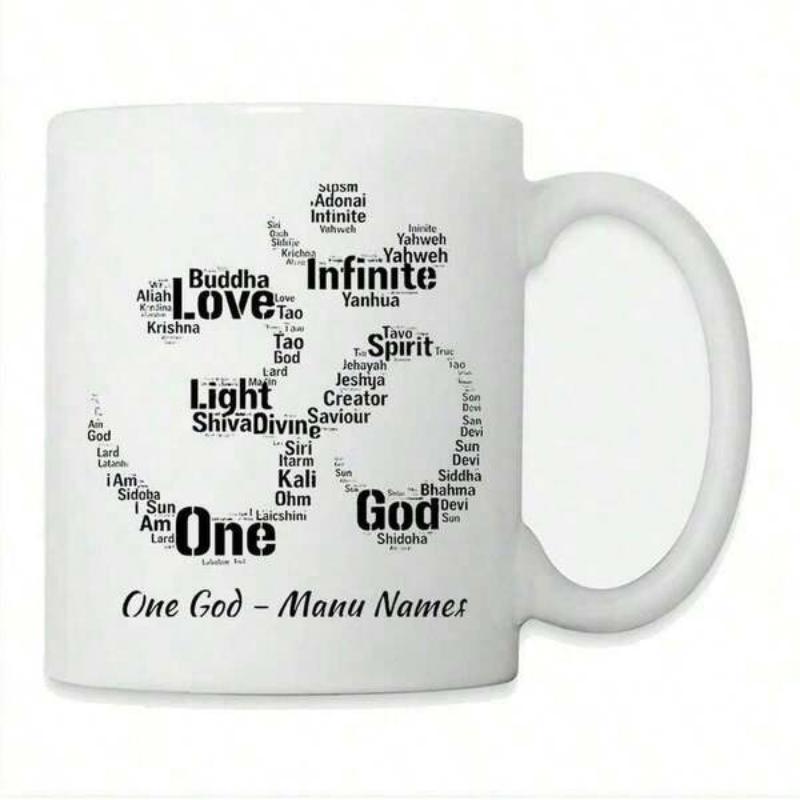 Tailorly White Ceramic 11 oz Mug - One God Many Names Spiritual Word Cloud Forming An Ancient Sacred Religious Symbol Om Symbol