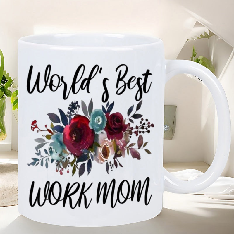 Tailorly White Ceramic 11 oz Mug - Worlds Best Work Mom Elegant Watercolor Floral Bouquet With Red Roses And Teal Green Leaves Mug