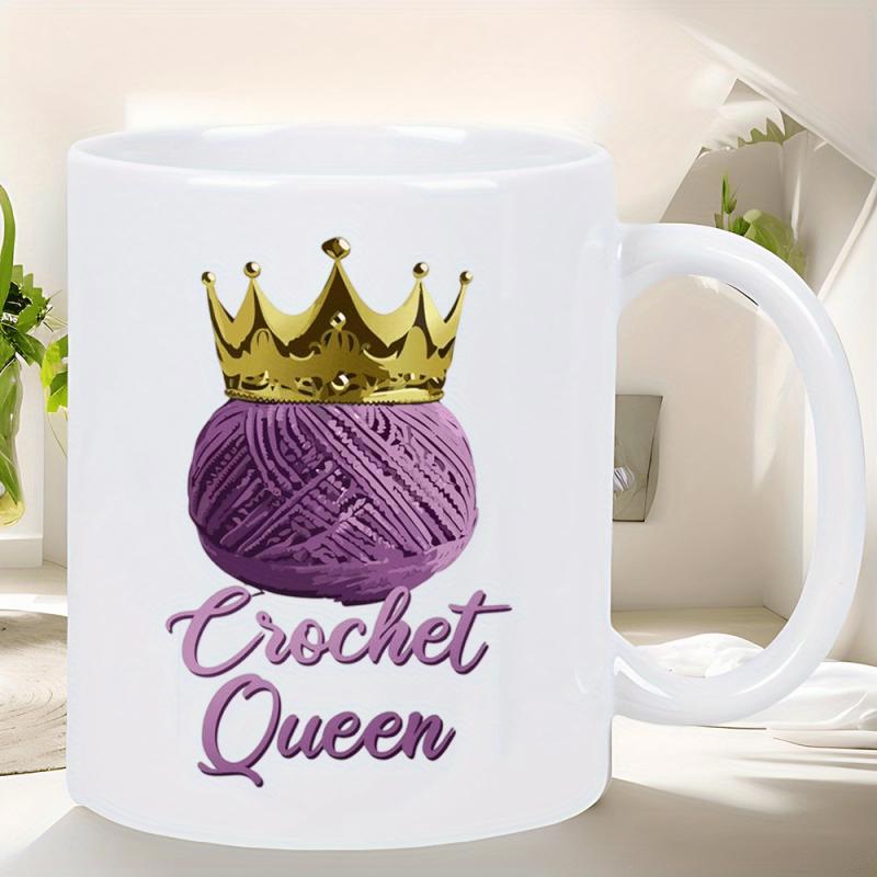 Tailorly White Ceramic 11 oz Mug - Crochet Queen Purple Textured Yarn Ball Under A Shimmering Golden Royal Crown
