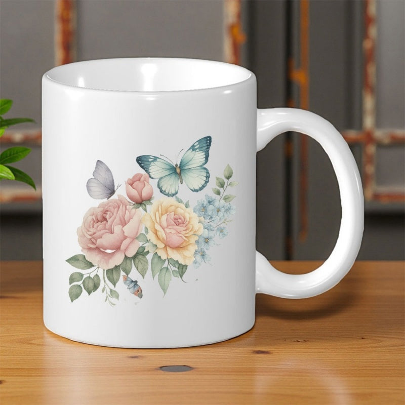 Tailorly White Ceramic 11 oz Mug - Watercolor Blooming Roses With Delicate Blue Butterflies Among Soft Green Leaves Rose