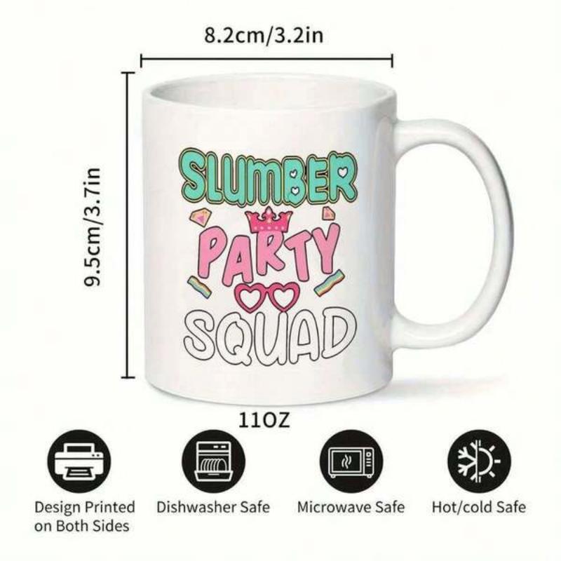 Tailorly White Ceramic 11 oz Mug - Slumber Party Squad Pink Crown And Heart Glasses With Colorful Bubbled Letters Mug