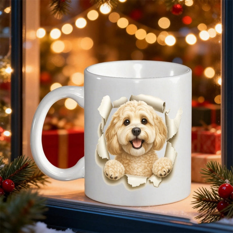 Tailorly White Ceramic 11 oz Mug - Adorable Fluffy Golden Puppy Peeking Through A Torn White Paper Effect Dog