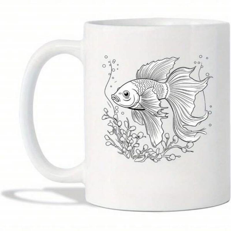 Tailorly White Ceramic 11 oz Mug - Delicate Line Art Swimming Gracefully Amidst Bubbles And Aquatic Seaweed Goldfish