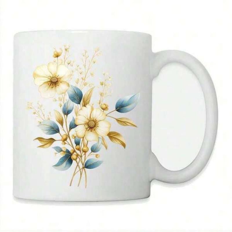 Tailorly White Ceramic 11 oz Mug - Elegant Vintage Watercolor Bouquet With Golden Leaves And Teal Petals Flower