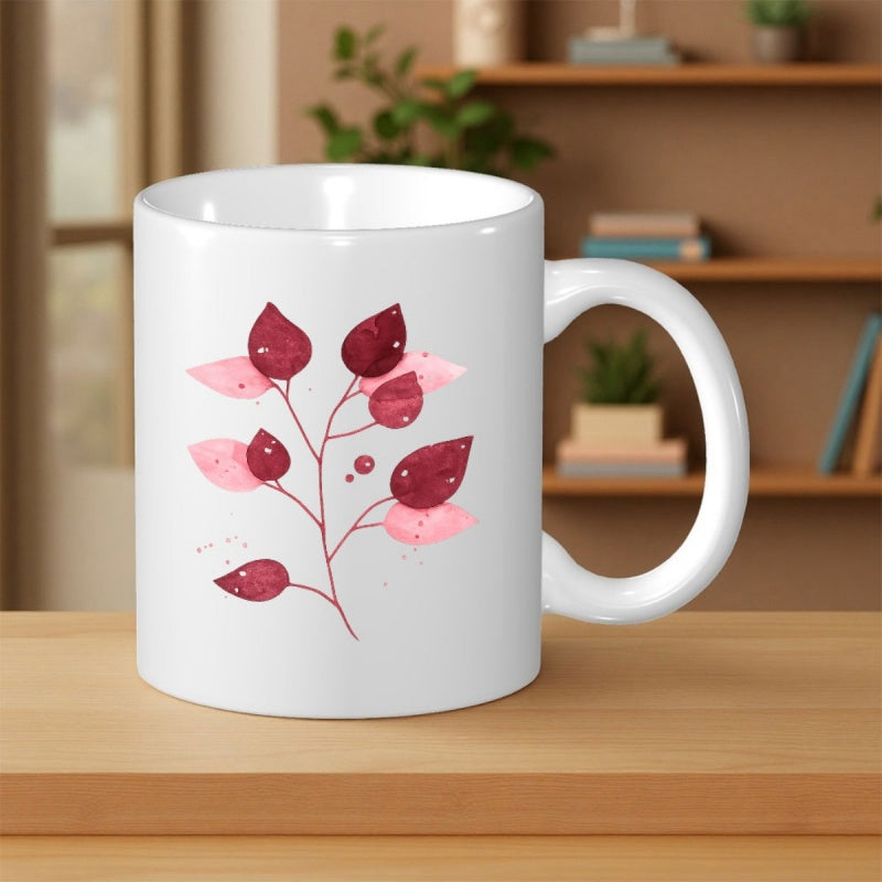 Tailorly White Ceramic 11 oz Mug - Elegant Watercolor Illustration Featuring Delicate Red And Pink Autumnal Leaves Branch