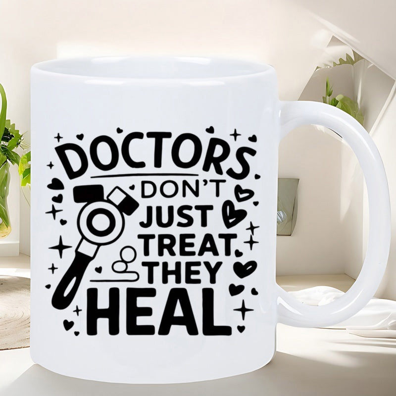 Tailorly White Ceramic 11 oz Mug - Doctors Don't Just Treat They Heal Simple Medical Symbols With Tiny Hearts And Sparkles Around Stylized Stethoscope