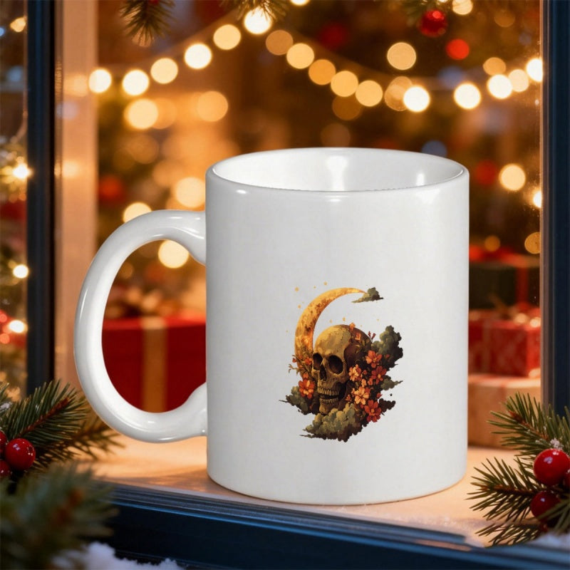 Tailorly White Ceramic 11 oz Mug - Gothic Aesthetic With Crescent Moon And Autumn Foliage Surrounding A Realistic Skull