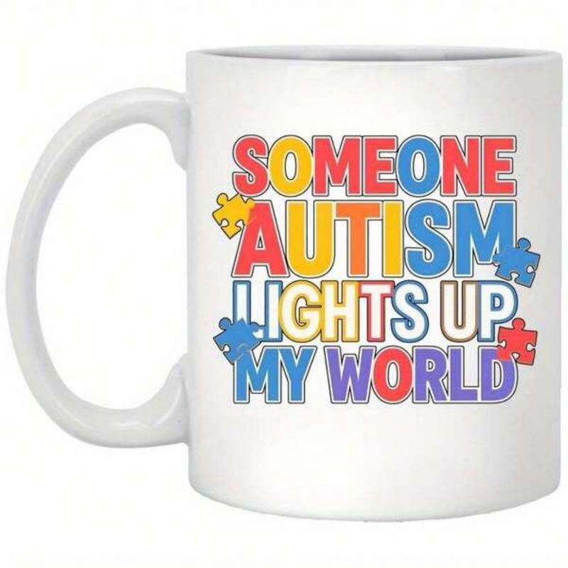 Tailorly White Ceramic 11 oz Mug - Someone Autism Lights Up My World Vibrant Colorful Jigsaw Puzzle Pieces Floating Around Bold Artistic Typography Design