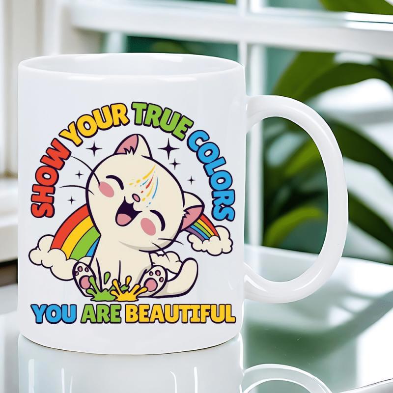 Tailorly White Ceramic 11 oz Mug - Show Your True Colors You Are Beautiful Adorable Kitten Sitting Between Rainbows And Colorful Paint Splashes Cat