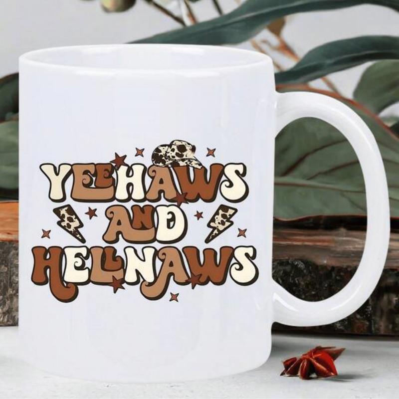 Tailorly White Ceramic 11 oz Mug - Yeehaws And Helnaws Retro Western Style Featuring Cow Print Patterns And Rustic Brown Elements Mug