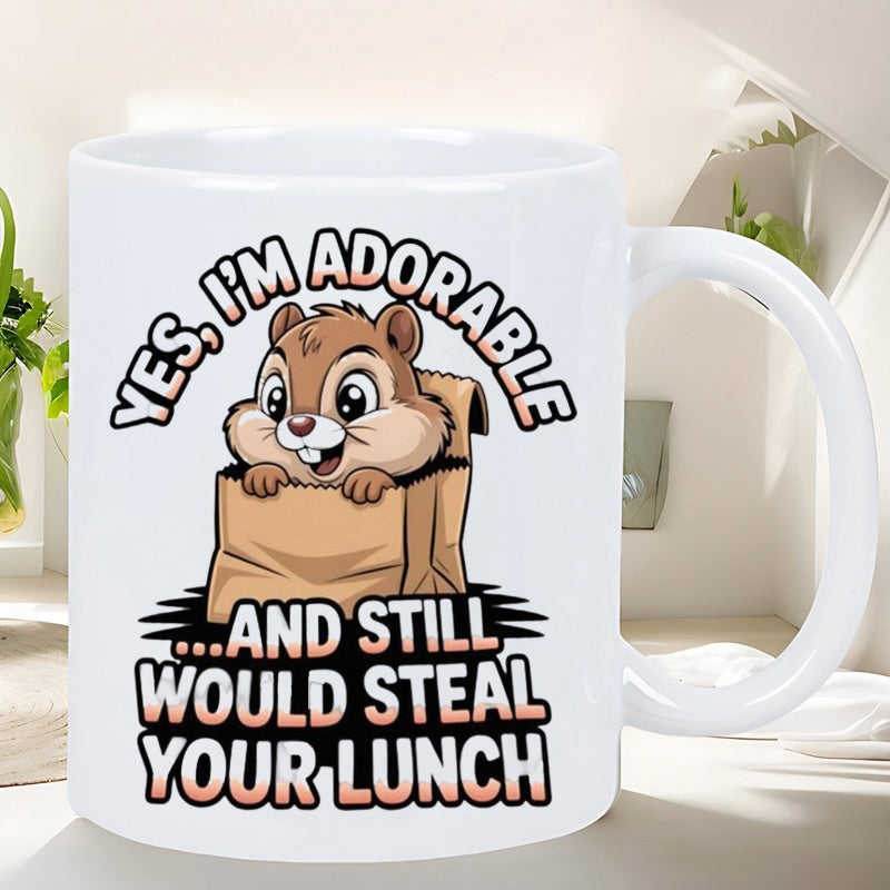 Tailorly White Ceramic 11 oz Mug - Yes I'm Adorable And Still Would Steal Your Lunch Cute Cartoon Chipmunk Peeking Out From Inside A Brown Paper Bag Chipmunk