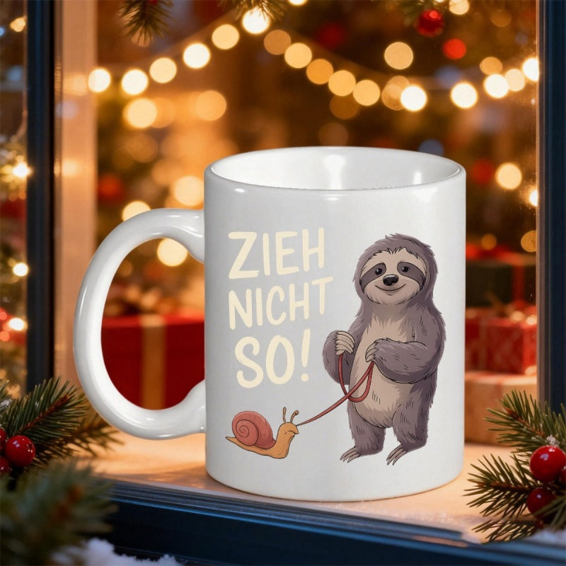 Tailorly White Ceramic 11 oz Mug - Adorable Cartoon Sloth Walking A Tiny Snail With A Red Leash Sloth