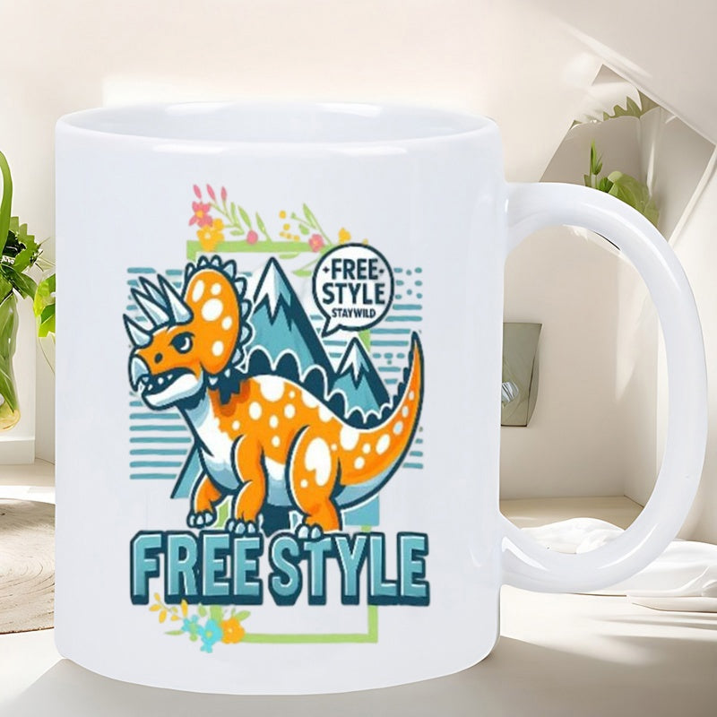 Tailorly White Ceramic 11 oz Mug - Free Style Cartoon Orange Dinosaur Standing In Front Of Blue Mountains Scenery Triceratops