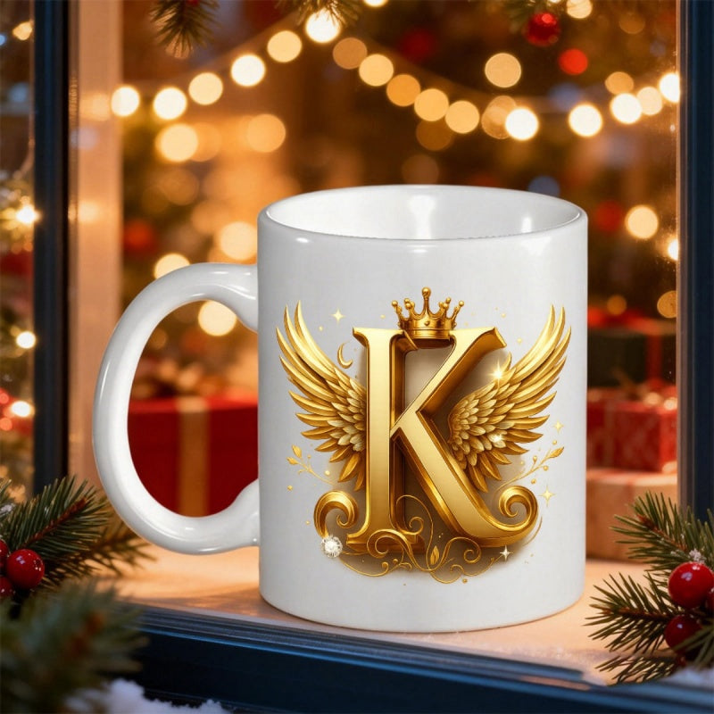 Tailorly White Ceramic 11 oz Mug - K Elegant Golden Monogram Featuring Shining Wings And Small Royal Crown Letter