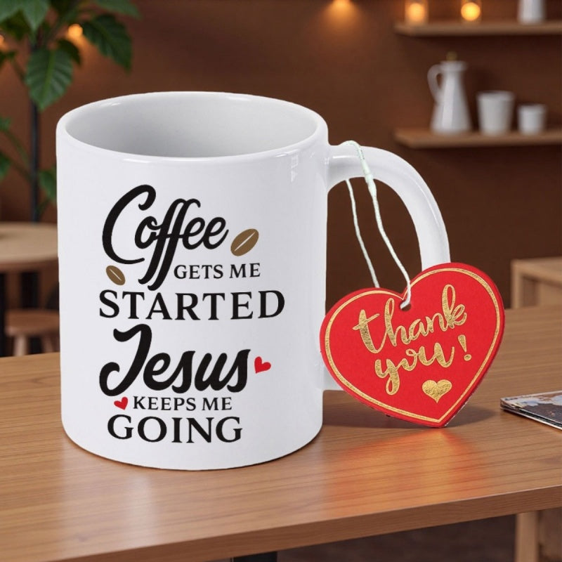Tailorly White Ceramic 11 oz Mug - Coffee Gets Me Started Jesus Keeps Me Going Thank You Sleek Ceramic Vessel Featuring Small Hearts And Coffee Beans Mug