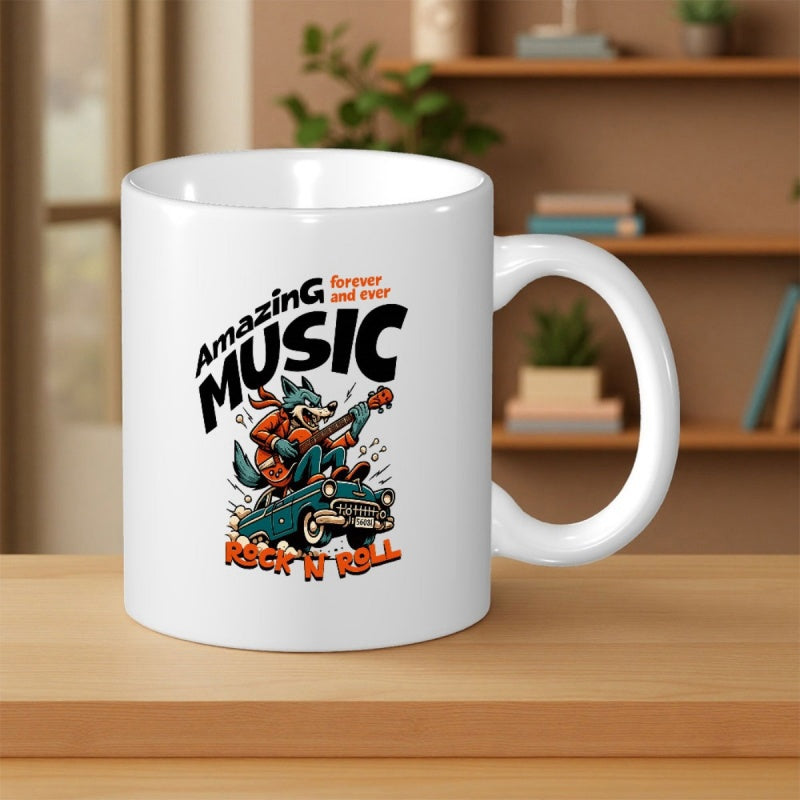 Tailorly White Ceramic 11 oz Mug - Amazing Music Forever And Ever Rock N Roll Stylized Character Playing Electric Guitar Sitting On Top Of Vintage Car Wolf