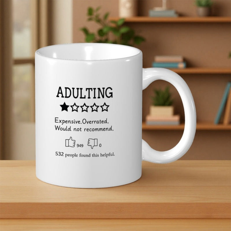 Tailorly White Ceramic 11 oz Mug - Adulting Expensive Overrated Would Not Recommend Minimalist Graphic Five Star Rating Layout With Small Social Icons Design
