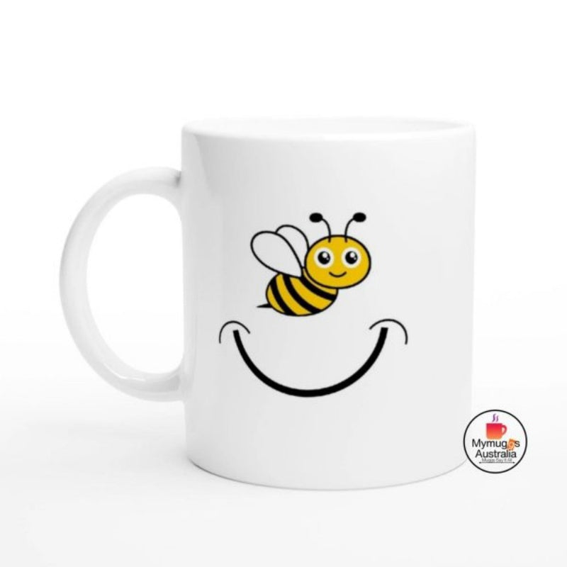 Tailorly White Ceramic 11 oz Mug - Cute Flying Honeybee With Yellow Stripes Above Minimalist Smiling Curved Line Bee