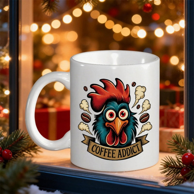 Tailorly White Ceramic 11 oz Mug - Coffee Addict Whimsical Teal Chicken With Crazed Eyes Surrounded By Flying Coffee Beans Rooster