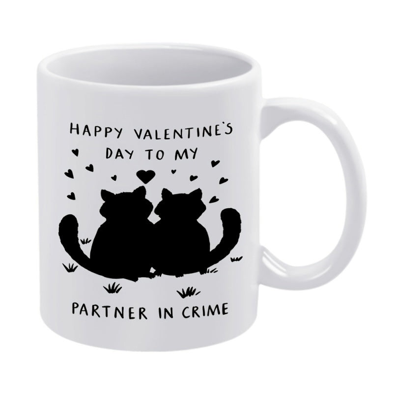 Tailorly White Ceramic 11 oz Mug - Happy Valentine's Day To My Partner In Crime Two Feline Silhouettes Sitting Together Surrounded By Tiny Hearts Cats