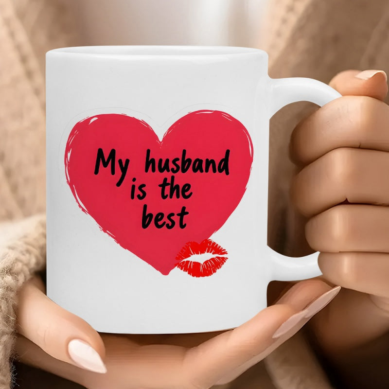 Tailorly White Ceramic 11 oz Mug - My Husband Is The Best Artistic Hand Painted Red Heart Featuring Realistic Red Lipstick Kiss Mark Heart