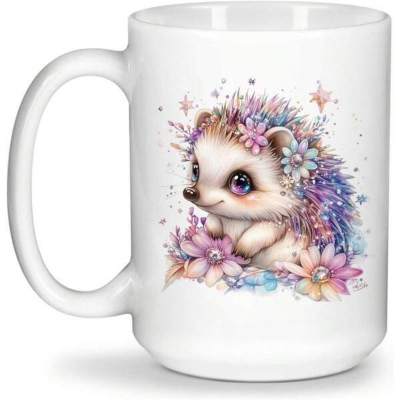 Tailorly White Ceramic 11 oz Mug - Adorable Colorful Design Featuring Blooming Spring Flowers And Sparkling Stars Hedgehog