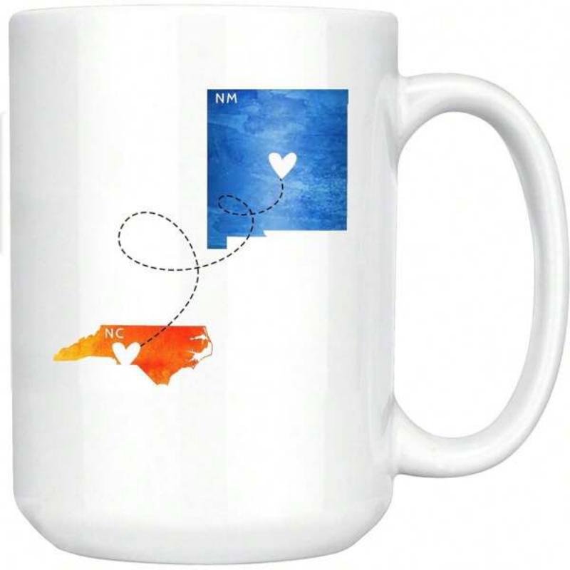 Tailorly White Ceramic 11 oz Mug - NM NC Artistic Watercolor State Silhouettes Linked Together By Dotted Paths Map