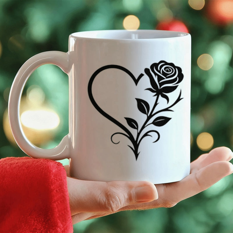 Tailorly White Ceramic 11 oz Mug - Elegant Minimalist Heart Shape Combined With A Delicate Artistic Rose