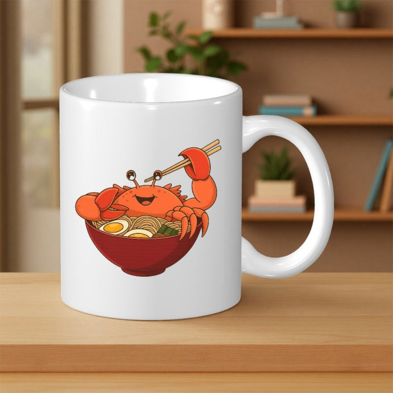 Tailorly White Ceramic 11 oz Mug - Cheerful Orange Cartoon Crab Eating Delicious Ramen Within A Large Bowl Crab
