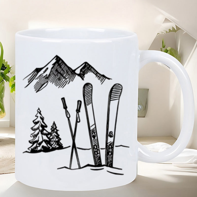 Tailorly White Ceramic 11 oz Mug - Vintage Hand Drawn Winter Sport Equipment Among Pine Trees And Snowy Mountains