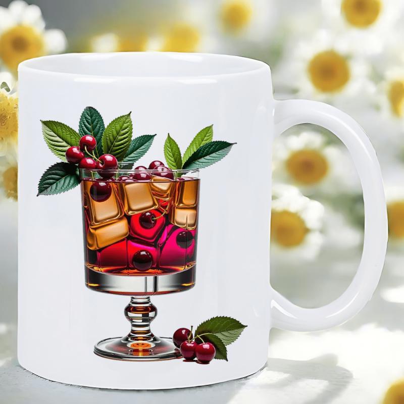 Tailorly White Ceramic 11 oz Mug - Refreshing Summer Red Cherry Cocktail With Ice Cubes And Green Leaves Drink