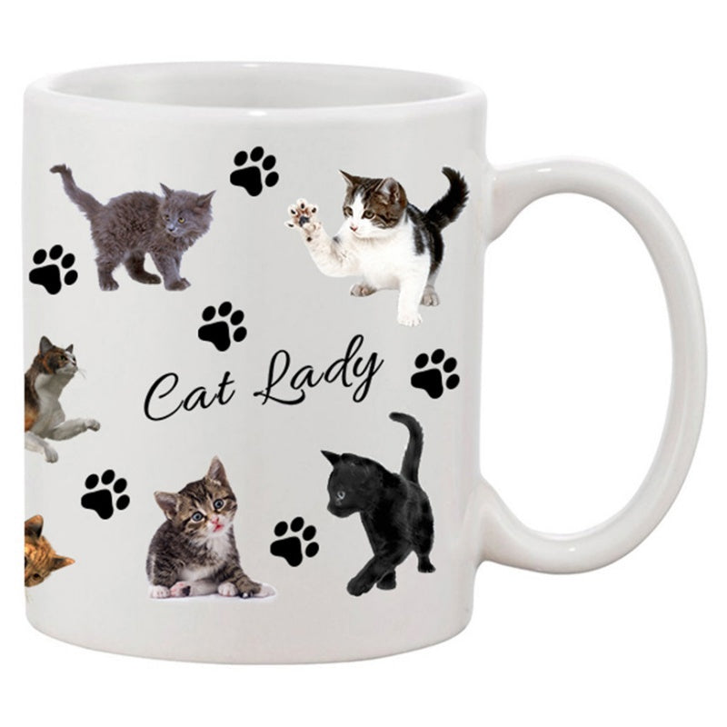 Tailorly White Ceramic 11 oz Mug - Cat Lady Adorable Playful Kittens Playing Among Small Black Animal Paw Prints Cat