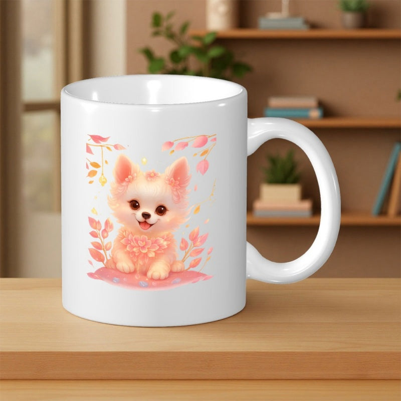 Tailorly White Ceramic 11 oz Mug - Adorable Fluffy Small Dog Surrounded By Delicate Pink Watercolor Floral Elements Puppy
