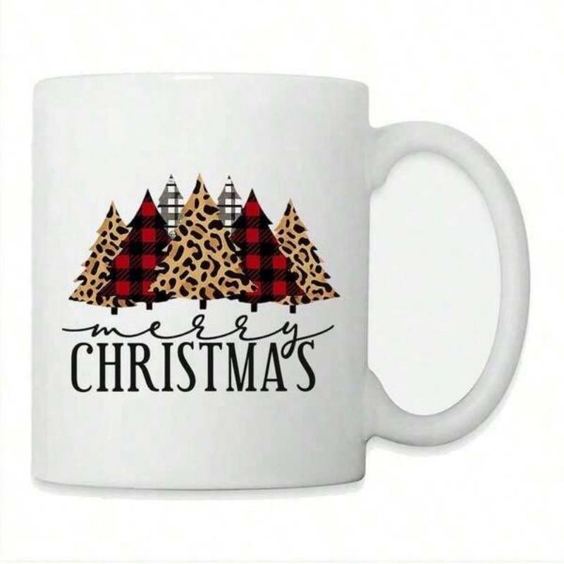 Tailorly White Ceramic 11 oz Mug - Merry Christmas Set Of Stylized Festive Pine Trees Featuring Leopard Print And Buffalo Plaid Tree