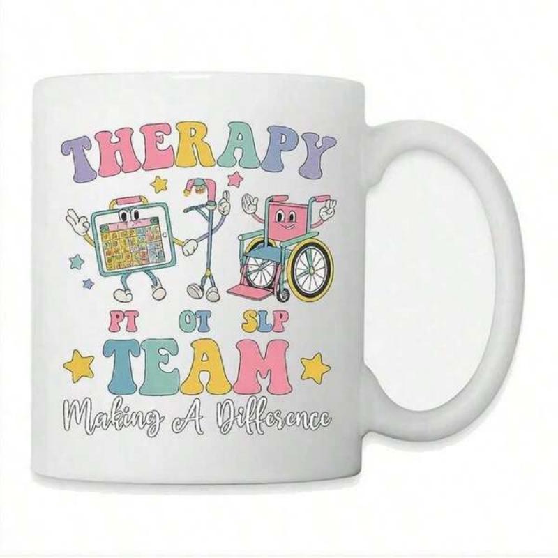 Tailorly White Ceramic 11 oz Mug - Therapy PT OT SLP Team Making A Difference Retro Pastel Medical Equipment With Friendly Smiling Faces And Yellow Stars Tools