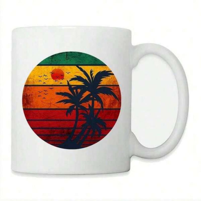 Tailorly White Ceramic 11 oz Mug - Retro Vintage Sunset Stripes With Silhouettes Of Tropical Birds Palm Tree