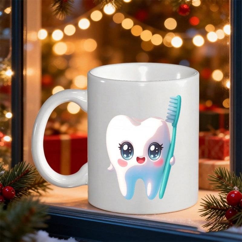 Tailorly White Ceramic 11 oz Mug - Adorable Smiling Cartoon Character Holding A Blue Toothbrush Tooth