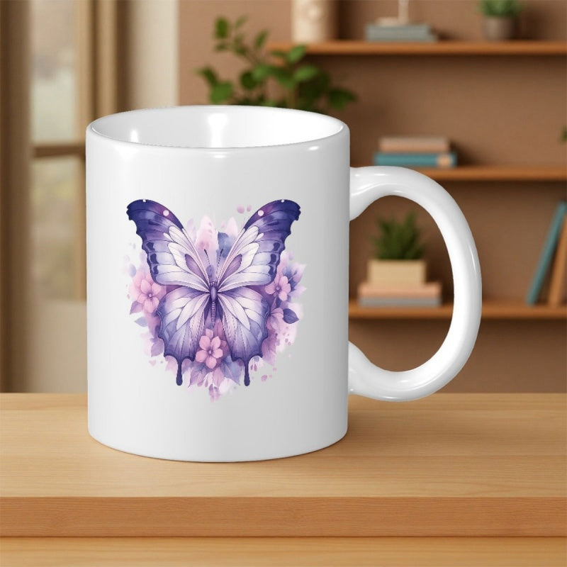 Tailorly White Ceramic 11 oz Mug - Elegant Purple Watercolor Wings Resting Among Delicate Pink Floral Petals Butterfly