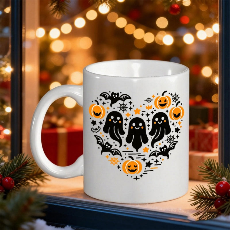 Tailorly White Ceramic 11 oz Mug - Cute Halloween Ghosts And Pumpkins Forming A Festive Seasonal Holiday Heart