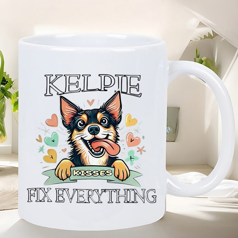 Tailorly White Ceramic 11 oz Mug - Kelpie Kisses Fix Everything Playful Australian Sheepdog With Tongue Out Among Brightly Colored Heart Symbols Kelpie